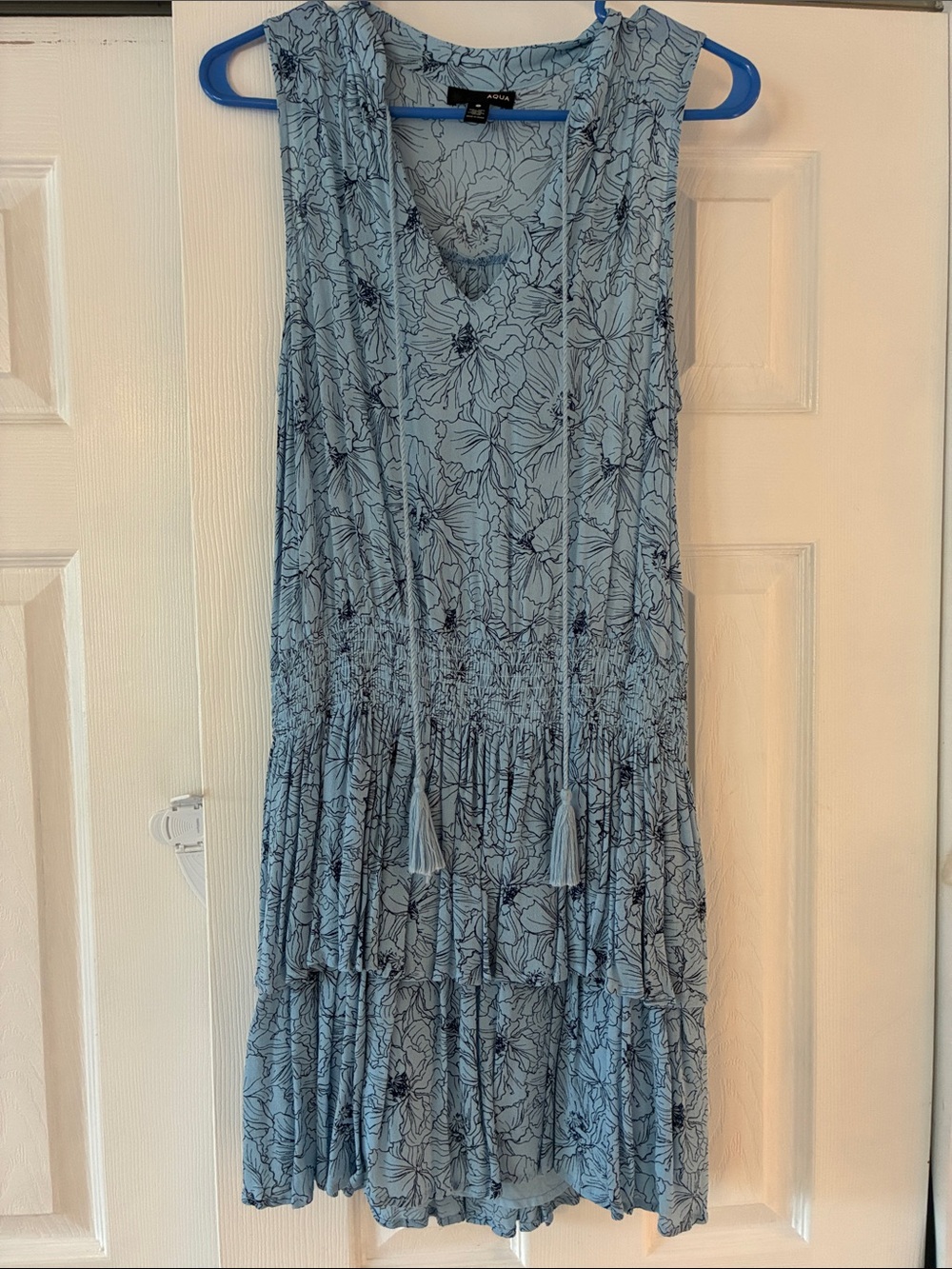 Aqua Light Blue Floral Tiered Midi Dress with Tassel Tie